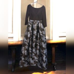 Oleg Cassini Black and Silver Floral Prom Dress